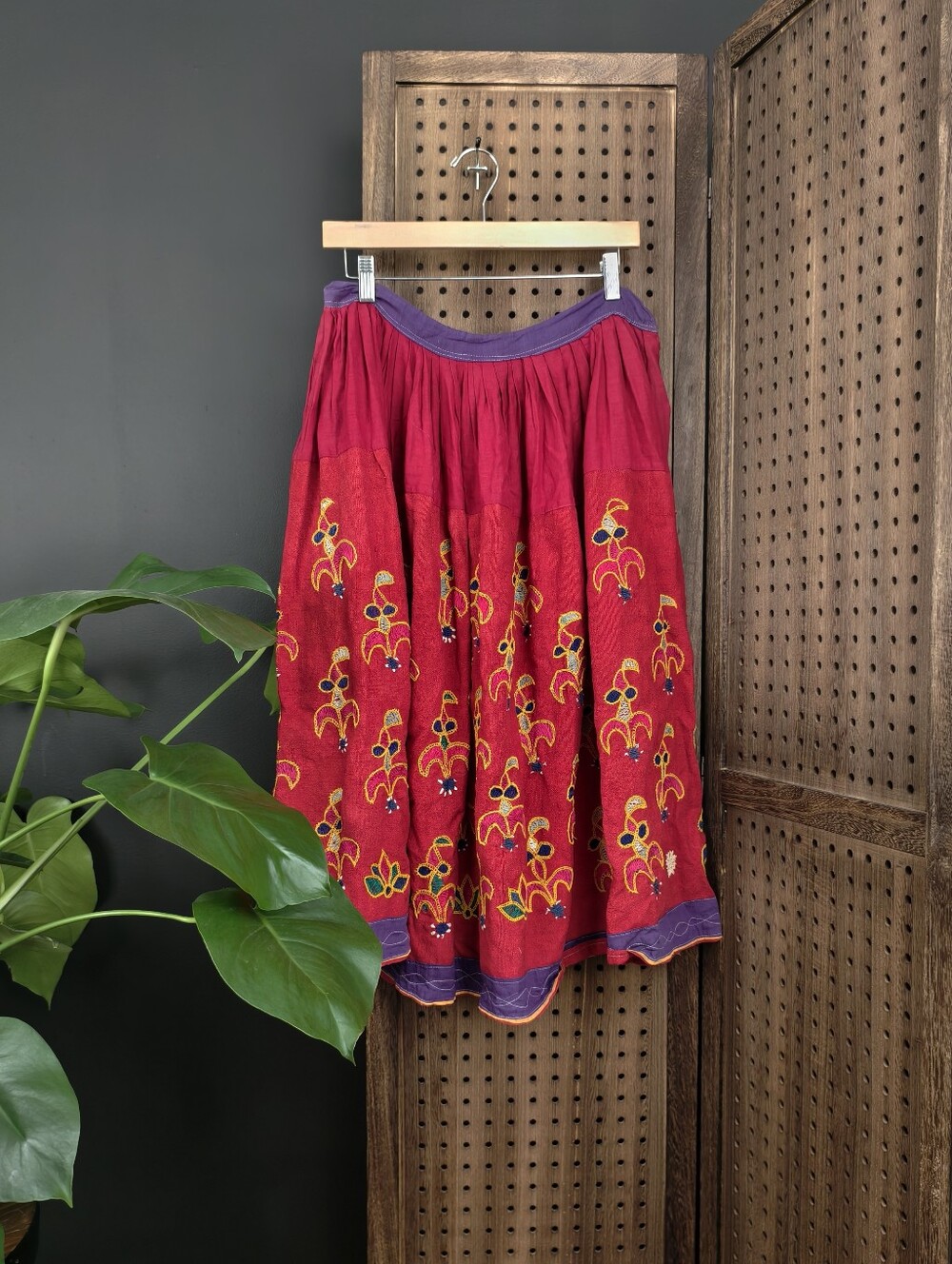 Vintage Red Embroidered Bohemian Midi Skirt with Purple Trim
